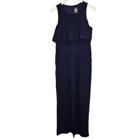 Vince Camuto Wide Leg Ruffled Jumpsuit Navy Size 8 Wide Leg Formal Corpcore - Picture 3 of 9